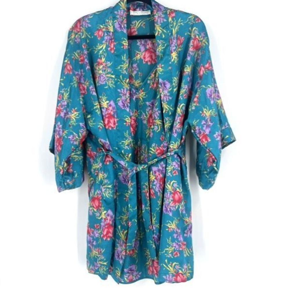 Vintage Val Mode Lingerie Womens Floral Kimono Robe and Cami Set‎ blue Sz Medium